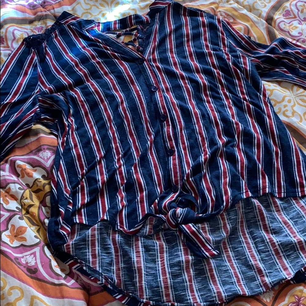 red, white, and blue shirt